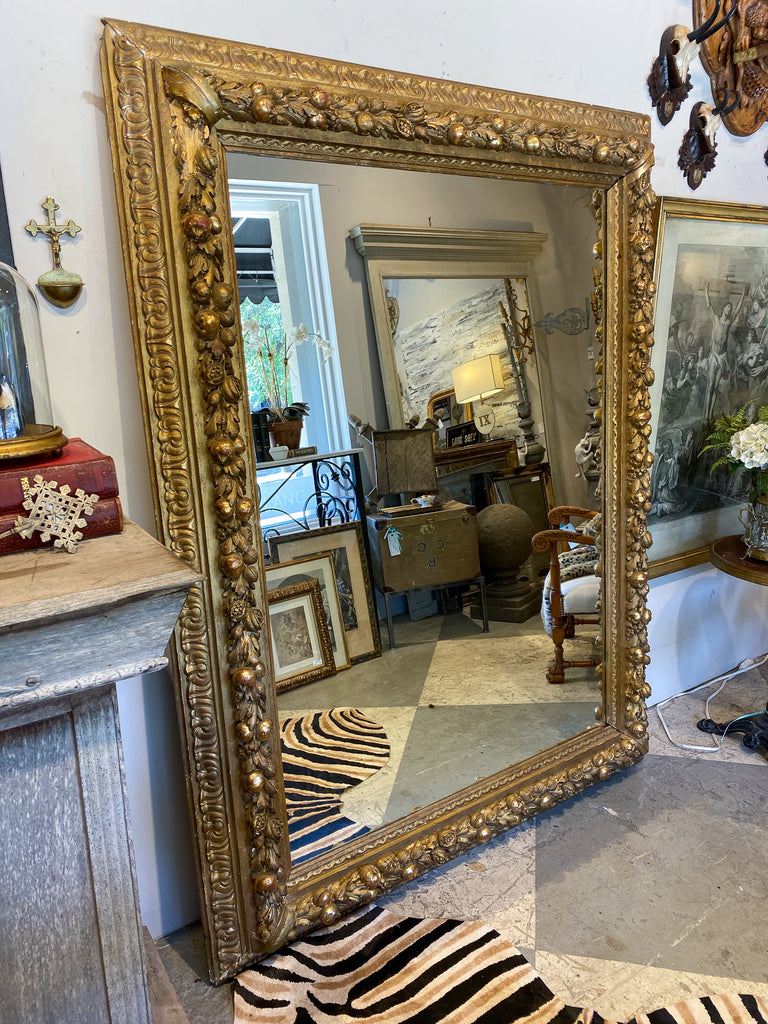 Large Antique French Gilt Floor Mirror with Carved Pomegranate & Leaf Details